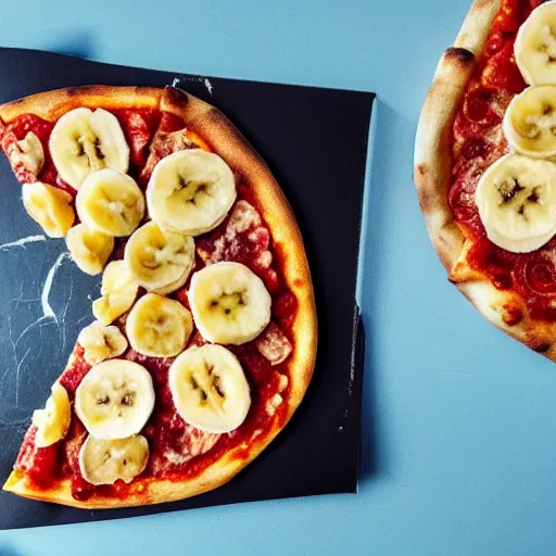 Prompt: a photo a whole unpeeled banana on top of a pizza, food photo, professional food photo, iphone, whole banana, 4 k