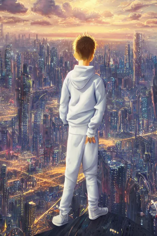 Prompt: young boy in white tracksuit overlooking a futuristic city, golden hour, dreamy, beautiful clouds, beautiful artwork by Makato Shinkai, futuristic