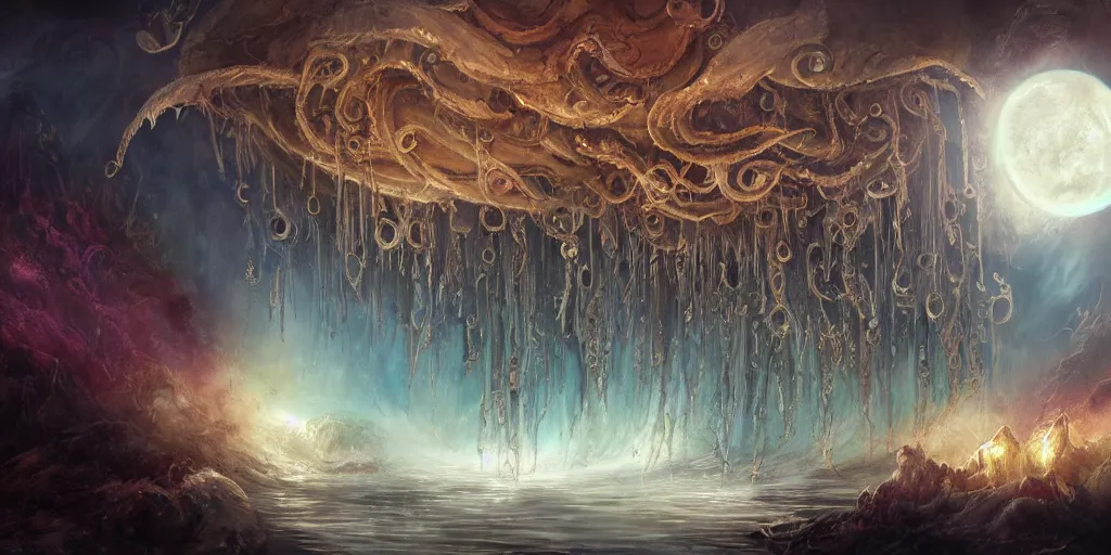 Image similar to concept art of giant translucent glowing jellyfishes, lovecraftian, lots of teeth, melting horror, round moon, rich clouds, fighting the horrors of the unknown, high resolution, very detailed, roaring, volumetric light, mist, grim, fine art, decaying, textured oil over canvas, epic fantasy art, very colorful, ornate, anato finnstark