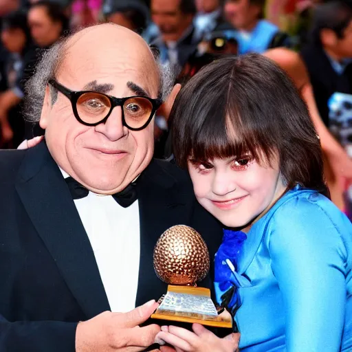 Prompt: danny devito offering a blue dragon an egg, photo, award winning, cover