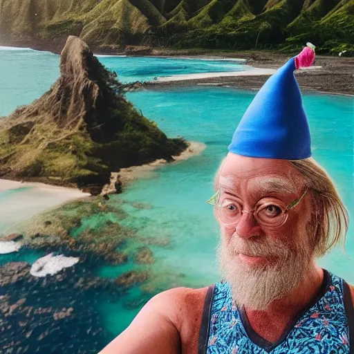 Image similar to instagram vacation photo of dumbledore the wizard wearing his wizard hat and wizard swim trunks at hawaii