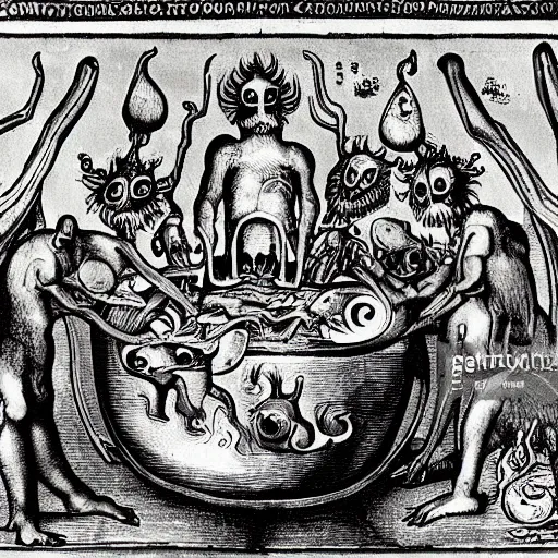 Prompt: monsters consumed transformed transmutation in a fiery alchemical cauldron, painted by bosch hell creatures