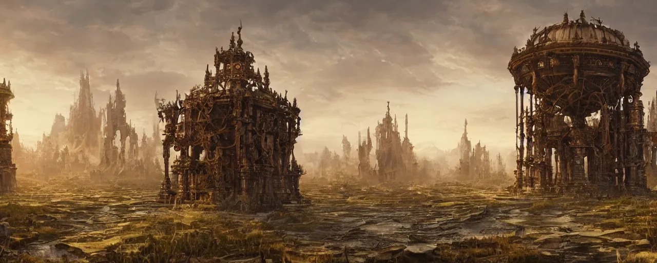 Prompt: otherwordly landscape with ground made of an ornate bronze gear mechanism, [ cinematic, detailed, epic, widescreen, opening, establishing, mattepainting, photorealistic, 4 k, octane render, art by greg rutkowski ]