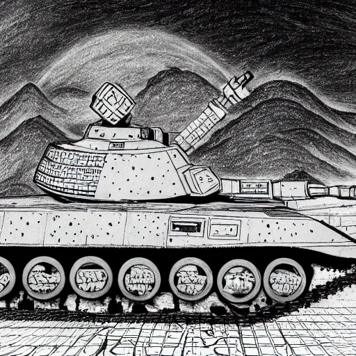 Prompt: daoist battle tank painted in white and black yin - yag symbol blasting away at dystopia, cosmos backdrop, detailed pencil drawing escher style xenopunk alien aesthetics