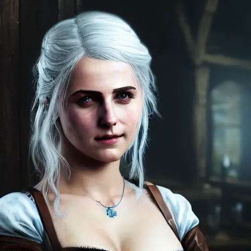 Prompt: painting of Ciri from the Witcher 3 in wooden bath, 8k, uhd