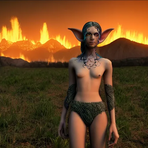 Image similar to a frightening, beautiful elf with violet skin, a scarred face, a bob haircut, and bushy eyebrows, grinning, with a burning vista behind them, in the style of gary frank and rafael albuqurque, rendered in unreal engine