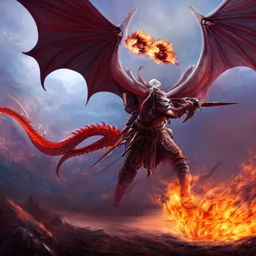 Prompt: An ultra high-resolution 8K full-canvas scan of a warrior standing on the ground fighting a flying dragon which is blowing fire towards the sky, fine art, trending, featured, 8k, photorealistic, dynamic, energetic, lively perspective, well-designed masterpiece, hyper detailed, unreal engine 5, IMAX quality, cinematic, epic lighting, light and shadow, ocean caustics, digital painting overlaid with aizome patterns, by Ohara Koson and Thomas Kinkade, traditional Japanese colors, superior quality