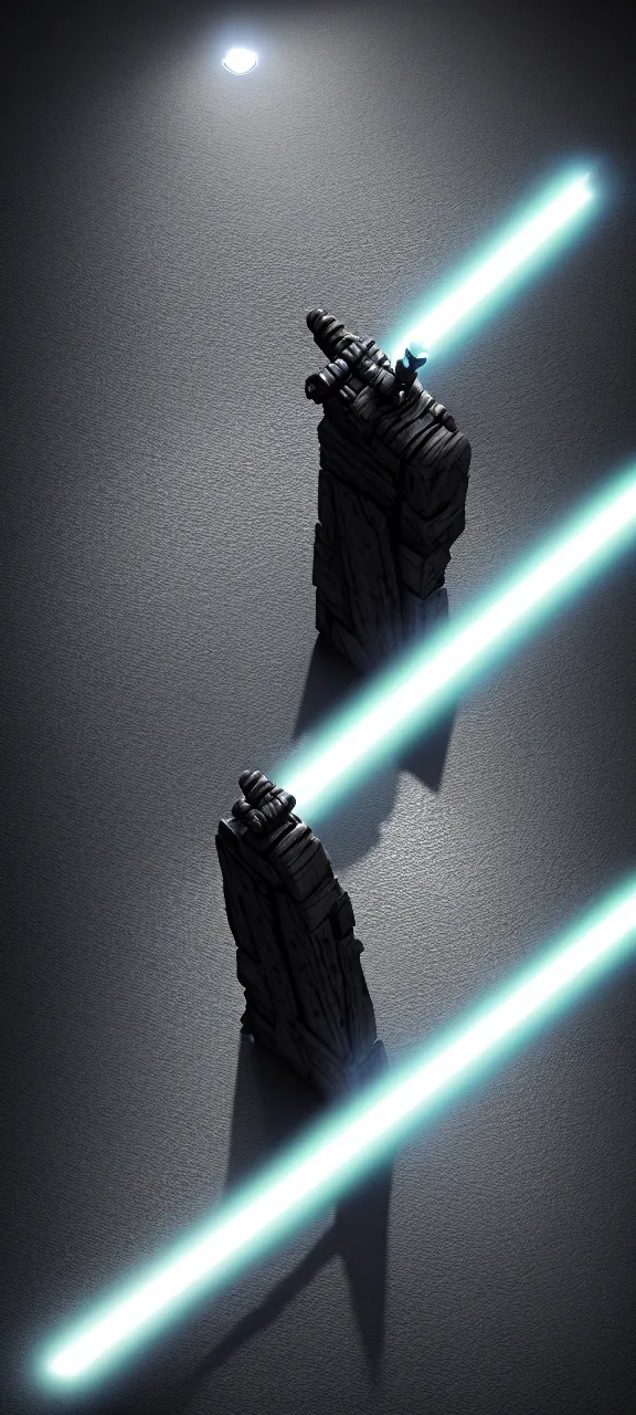 Image similar to ultra - detailed cinematic render, of a lightsaber hilt, that lies vertically on a carved stone, lit up in a dark room, photo from above, octane render, by mizuriau on deviantart, high quality, digital art, 8 k, jedi fallen order, volumetric lighting