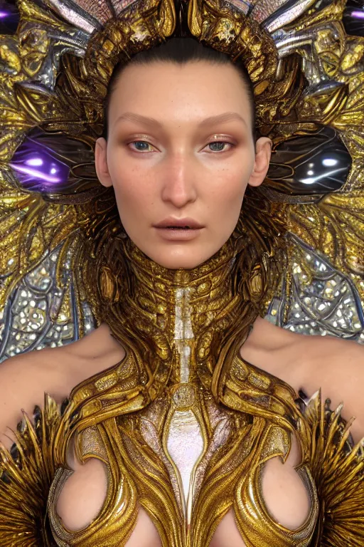 Image similar to a highly detailed metahuman 4 k close up render of an alien goddess bella hadid as andromeda in iris van herpen dress schiaparelli in diamonds crystals swarovski and jewelry in style of alphonse mucha gustav klimt trending on artstation made in unreal engine 4