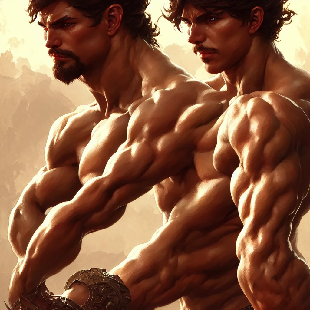 Image similar to male fighter, muscular upper body, D&D, fantasy, intricate, elegant, highly detailed, digital painting, artstation, concept art, smooth, sharp focus, illustration, art by artgerm and greg rutkowski and alphonse mucha