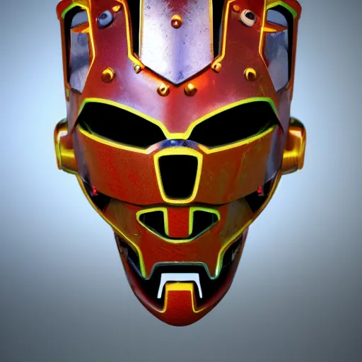Image similar to atompunk tribal mask, robot, japanese pottery, vivid colors, wood, metal, intricate details, trending on cgsociety, concept art, glowing eyes, sharp focus, ultra realistic details, cinematic atmosphere, global illumination, shadows, octane render, 8 k