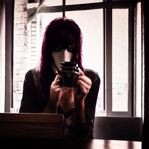 Image similar to death from the'the sandman'waiting for a friend at a cafe, realistic, soft lighting, cute, kindness