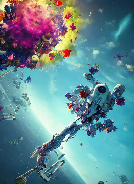 Image similar to An epic fantastic realism comic book style painting of the most beautiful flowers launched into space, bouquets, glorious galactic collision, sharp focus, fisheye, unreal 5, DAZ, hyperrealistic, octane render, dynamic lighting