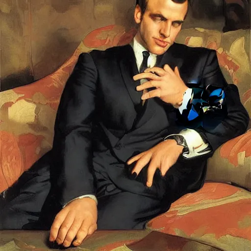 Image similar to portrait of macron reclining on the sofa, petting a cat, black suit, by j. c. leyendecker, tamara de lempicka