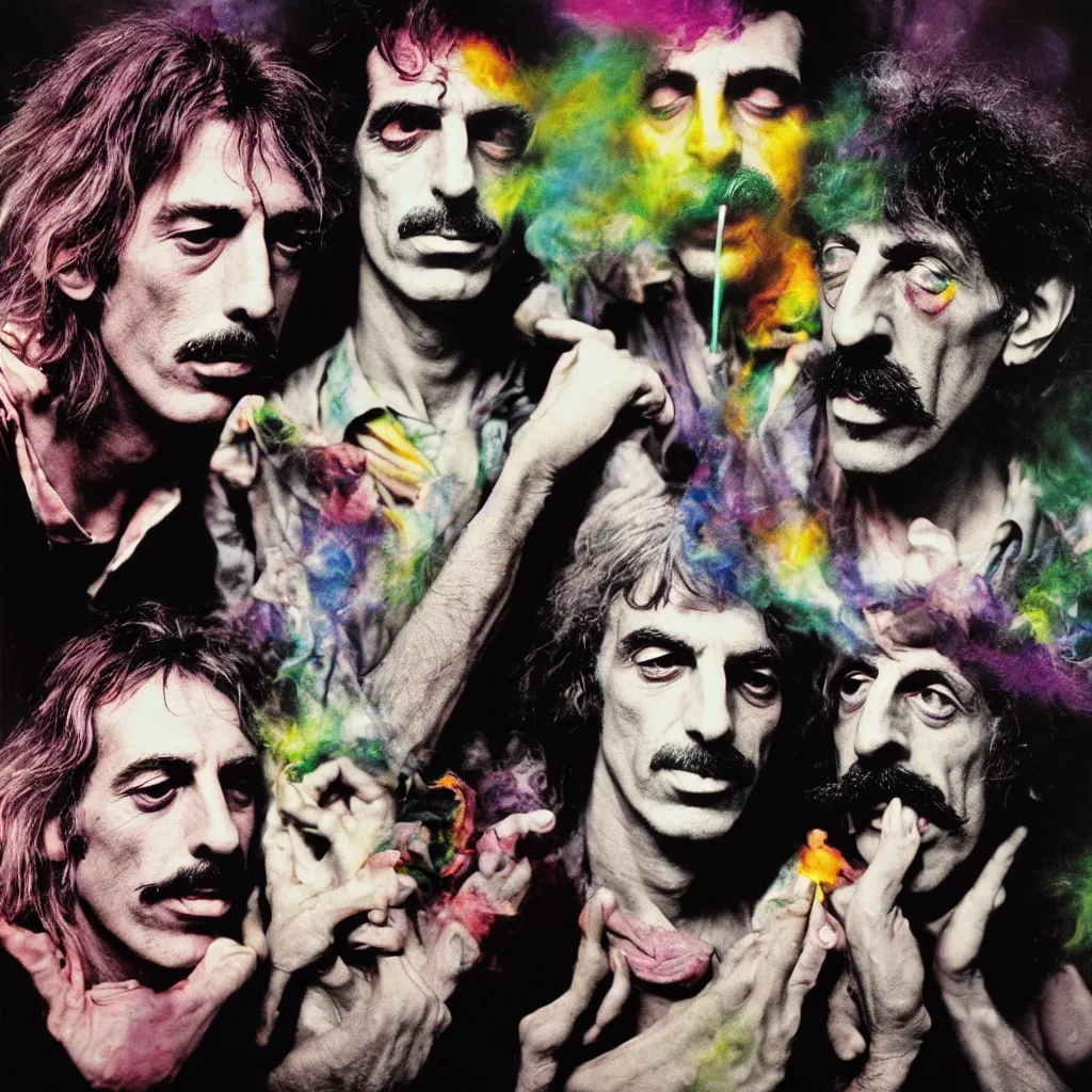 Image similar to award winning photo of pink floyd and frank zappa tripping on lsd and smoking weed, vivid colors, happy, symmetrical face, beautiful eyes, studio lighting, wide shot art by Sally Mann & Arnold Newman