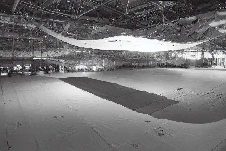 Image similar to photo of a floating alien spaceship in a top secret hanger under a large tarpaulin, tethered to the ground, flood lighting, military personnel surrounding.