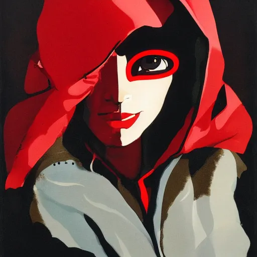 Prompt: portrait of a naive latin woman wearing a red hood, with a mechanical neon-eyed wren-bird sitting on her shoulder, oil on canvas by Yoji Shinkawa and Stina Persson