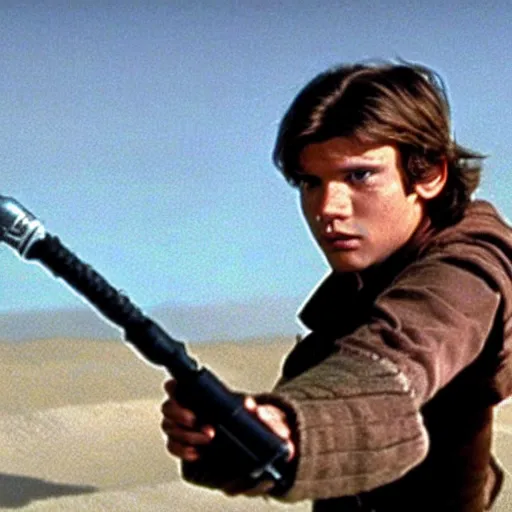Prompt: A full color still from a film of a teenage Han Solo as a Jedi padawan holding a lightsaber hilt, very cohesive, from The Phantom Menace, directed by Steven Spielberg, 35mm 1990