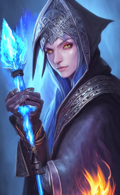 Prompt: legendary dark elf wizard with blue flame staff, highly detailed, d & d, fantasy, highly detailed, digital painting, trending on artstation, concept art, sharp focus, illustration, global illumination, ray tracing, realistic shaded, art by artgerm and greg rutkowski and fuji choko and viktoria gavrilenko and hoang lap