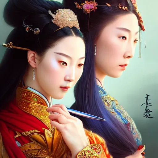 Image similar to ‘ a full portrait of two elegant Chinese princesses, kongfu fighting, D&D, blue eyes, fire hair, fantasy, intricate, elegant, highly detailed, digital painting, artstation, concept art, smooth, sharp focus, illustration, art by artgerm and greg rutkowski and alphonse mucha’