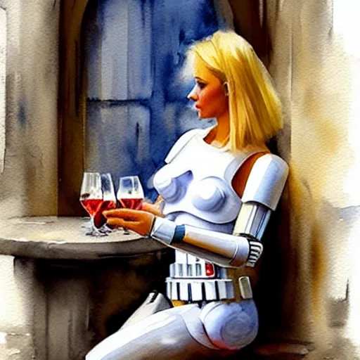 Image similar to stormtrooper and hot blonde drinking wine in a cellar, romantic, cozy, inviting, detailed, beautiful, atmospheric, impressionism, watercolor by vladimir volegov