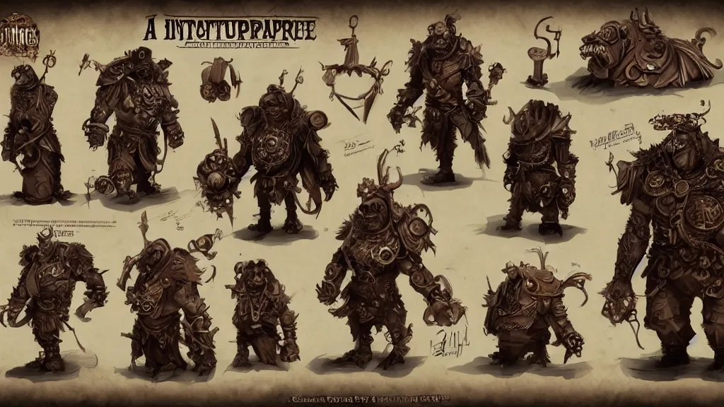 Image similar to a steampunk fantasy ogre character design sheet, trending on artstation