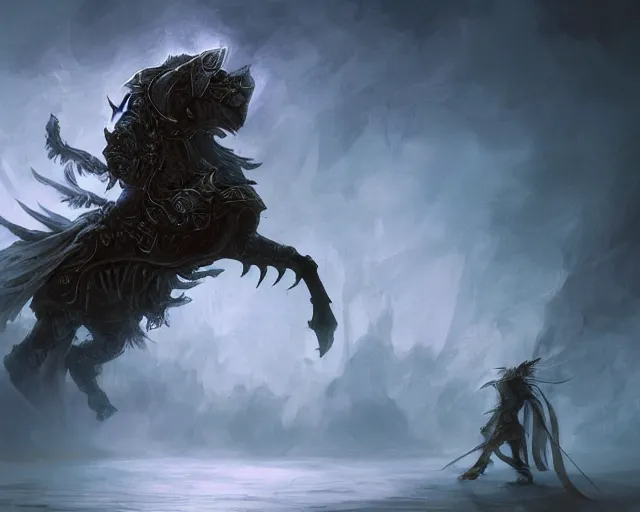 Image similar to A faded ghost devil warrior riding a giant ghost horse with armour, fantasy art, in the style of Frank Neidhardt, illustration, epic art, fantasy, intricate, elgant, amazing detail, digital painting, artstation, concept art, smooth, sharp focus