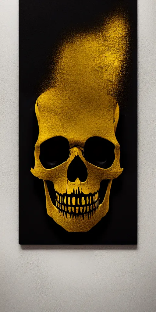 Image similar to a matte black skull that is split in half and has liquid gold paint dripping over it, with an art deco boarder, high quality, photo realistic, studio lighting