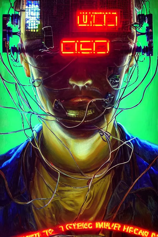 Image similar to stunning highly detailed portrait of a neuromancer hacker with cyber headgear surrounded by wires, neon colors, oil on canvas, strong lighting, by Glenn Fabry, HD, 4K