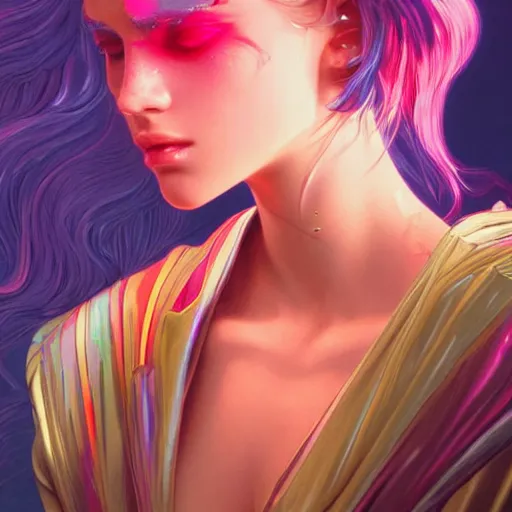 Image similar to young woman, gorgeous face, vaporwave aesthetic, synthwave, colorful, psychedelic, broken, shattered, beaten, sadness, crying, tears, artstation, concept art, smooth, extremely sharp detail, finely tuned detail, 8 k, unreal engine 5, ultra sharp focus, illustration, art by artgerm and greg rutkowski and alphonse mucha