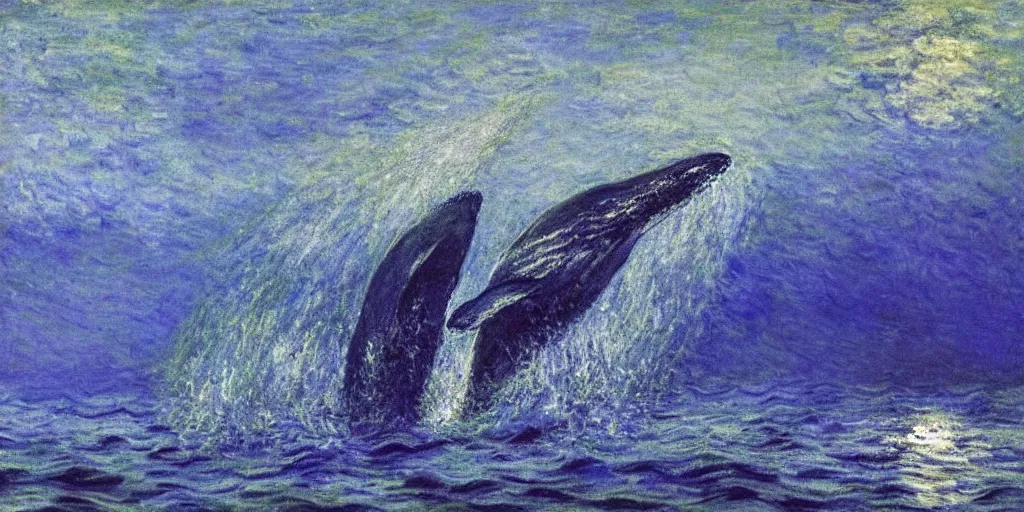 Image similar to An aesthetically pleasing, dynamic, energetic, lively, well-designed digital art of a whale, ripples, waves, sea foam, light and shadow, ocean caustics, by Claude Monet, traditional Japanese colors, superior quality, masterpiece, excellent use of negative space.