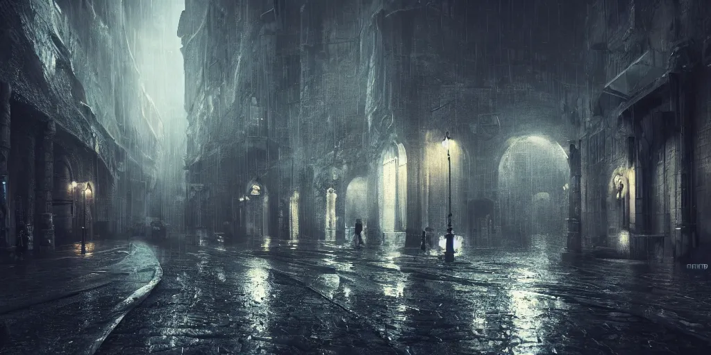 Image similar to A hauntingly beautiful city in a dark cavern, rainy and gloomy atmosphere, fantasy digital art, octane render, beautiful composition, trending on artstation, award-winning photograph, masterpiece