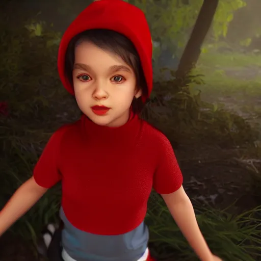 Image similar to a beautiful little girl in red hat rendered as an unreal engine