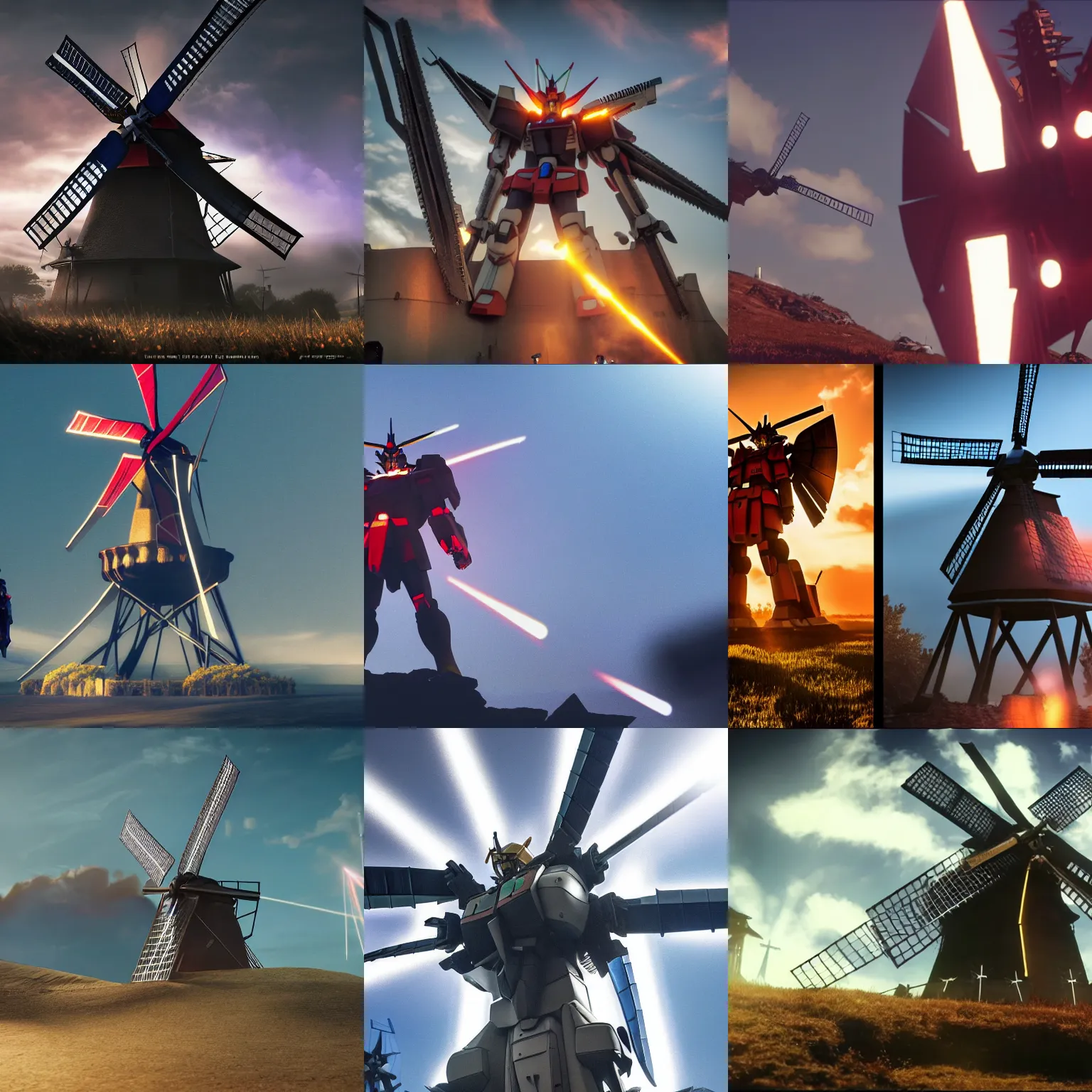 Image similar to gundam as dutch windmill in gundam, gundam is windmill shaped, dutch windmill gundam, in gears of war, splash art, movie still, cinematic lighting, ray tracing, octane render, long lens, shallow depth of field, bokeh, anamorphic lens flare, 8 k, hyper detailed, 3 5 mm film grain