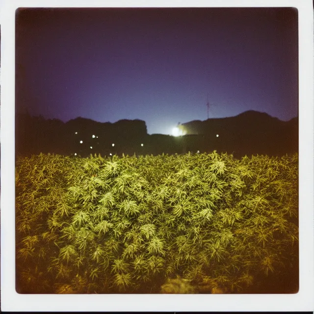 Image similar to field of cannabis on fire at night, polaroid