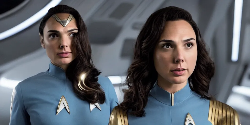 Image similar to gal gadot, in full starfleet uniform, is the captain of the starship enterprise in the new star trek movie