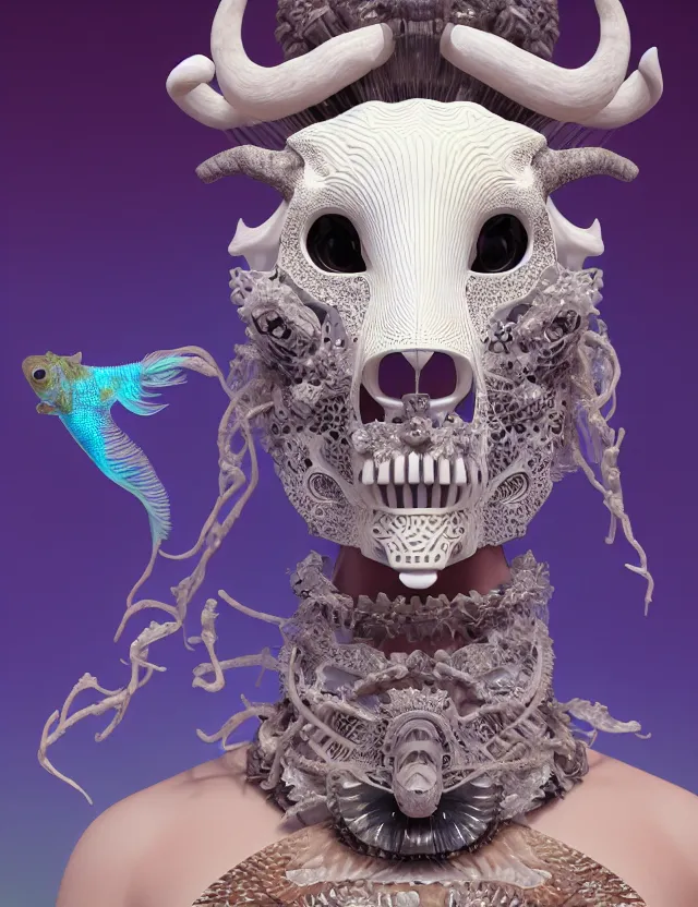 Image similar to 3 d goddess close - up frontal portrait with cow skull. beautiful intricately detailed japanese crow kitsune mask and clasical japanese kimono. betta fish, jellyfish phoenix, bio luminescent, translucent, plasma, ice, water, wind, creature, artwork by tooth wu and wlop and beeple and greg rutkowski. vray. behance. 8 k