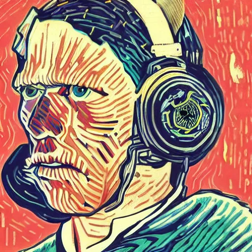 Image similar to Illustrated by Shepard Fairey and Greg Rutkpwski | Cyberpunk Van Gogh with VR helmet, surrounded by cables