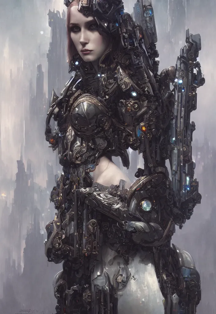 Image similar to portrait of beautiful pale gothic cyborg maiden, warhammer 40000, cyberpunk, intricate, elegant, highly detailed, digital painting, artstation, concept art, smooth, sharp focus, illustration, art by artgerm and greg rutkowski and alphonse mucha and Gustav Klimt