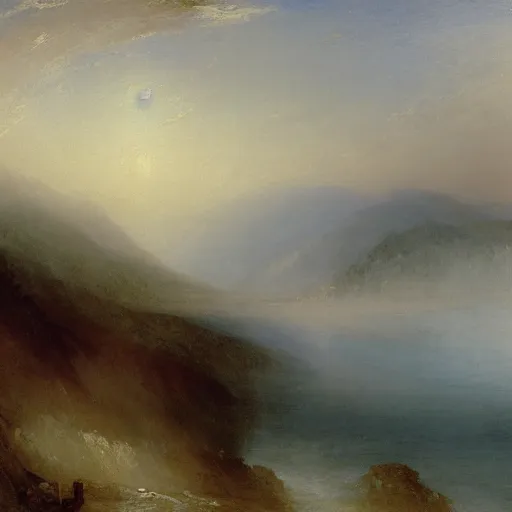 Prompt: A oil painting of scenic view of misty morning by JMW Turner, highly detailed, high resolution