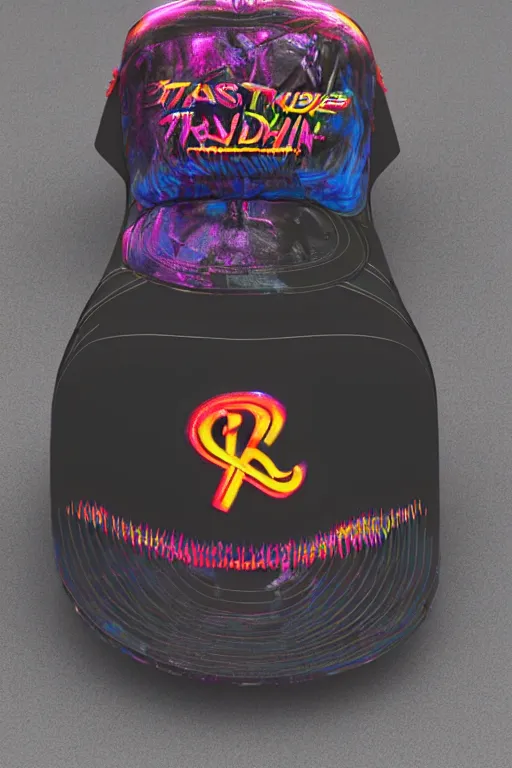 Image similar to photo of a baseball cap, band merchandise, bandname is tripmachine, tourname is invasion of the tripmachines, realistic digital art, printed with a 3 d render of a huge futuristic steampunk generator, 8 k, fluorescent colors, halluzinogenic, multicolored, exaggerated detailed, unreal engine