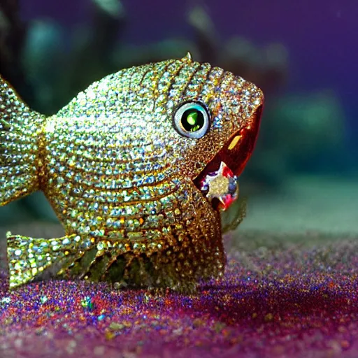 Prompt: A diamond encrusted killer fish with jeweled teeth, very scary