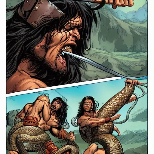 Prompt: conan the barbarian fighting a gigantic snake, comic book style