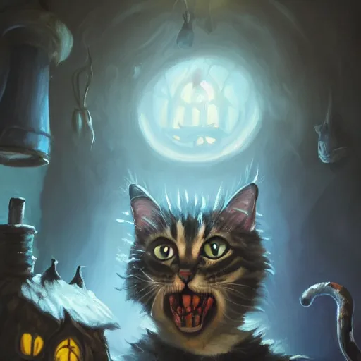 Image similar to Oil Painting of Cat, Anthropomorphized, evil grin, brewing potion in witch Hut, magic the gathering artwork, horror, D&D, fantasy, cinematic lighting, centered, symmetrical, highly detailed, digital painting, artstation, concept art, smooth, sharp focus, illustration, volumetric lighting, epic Composition, 8k, art by Akihiko Yoshida and Greg Rutkowski and Craig Mullins, oil painting, cgsociety