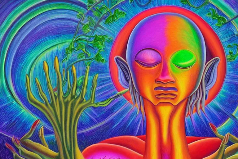 Image similar to painting of a tranquil alien meditating under a tree by alex grey, acrylic art, ethereal, soothing, somber, elegant, soft light,