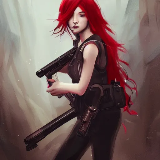 Prompt: a concept art of a boy and a girl with red hair holding a gun, gothic clothes, action shot, highly detailed, digital painting, artstation, concept art, smooth, sharp focus, illustration