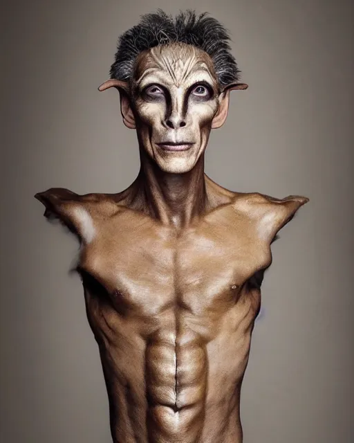 Image similar to Mauricio Macri in Elaborate Pan Satyr Goat Man Makeup and prosthetics designed by Rick Baker, Hyperreal, Head Shots Photographed in the Style of Annie Leibovitz, Studio Lighting