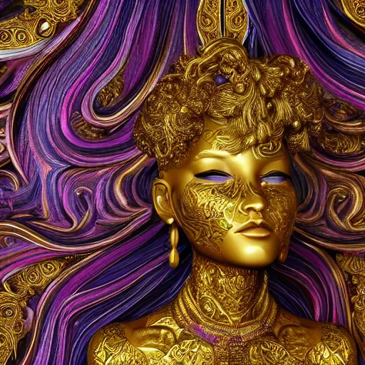 Image similar to psychadelic goddess made of golden marble, beautiful face, hyper detailed, flowing psychadelic background intricate and detailed, ornate 8 k gorgeous intricate detailed, octane render