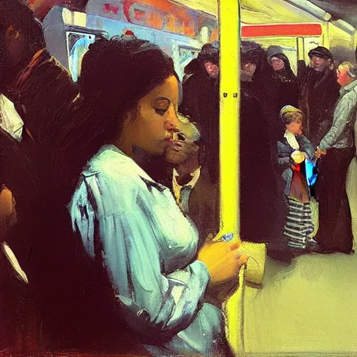 Prompt: “ a girl in the new york city subway, oil painting, by george bellows ”