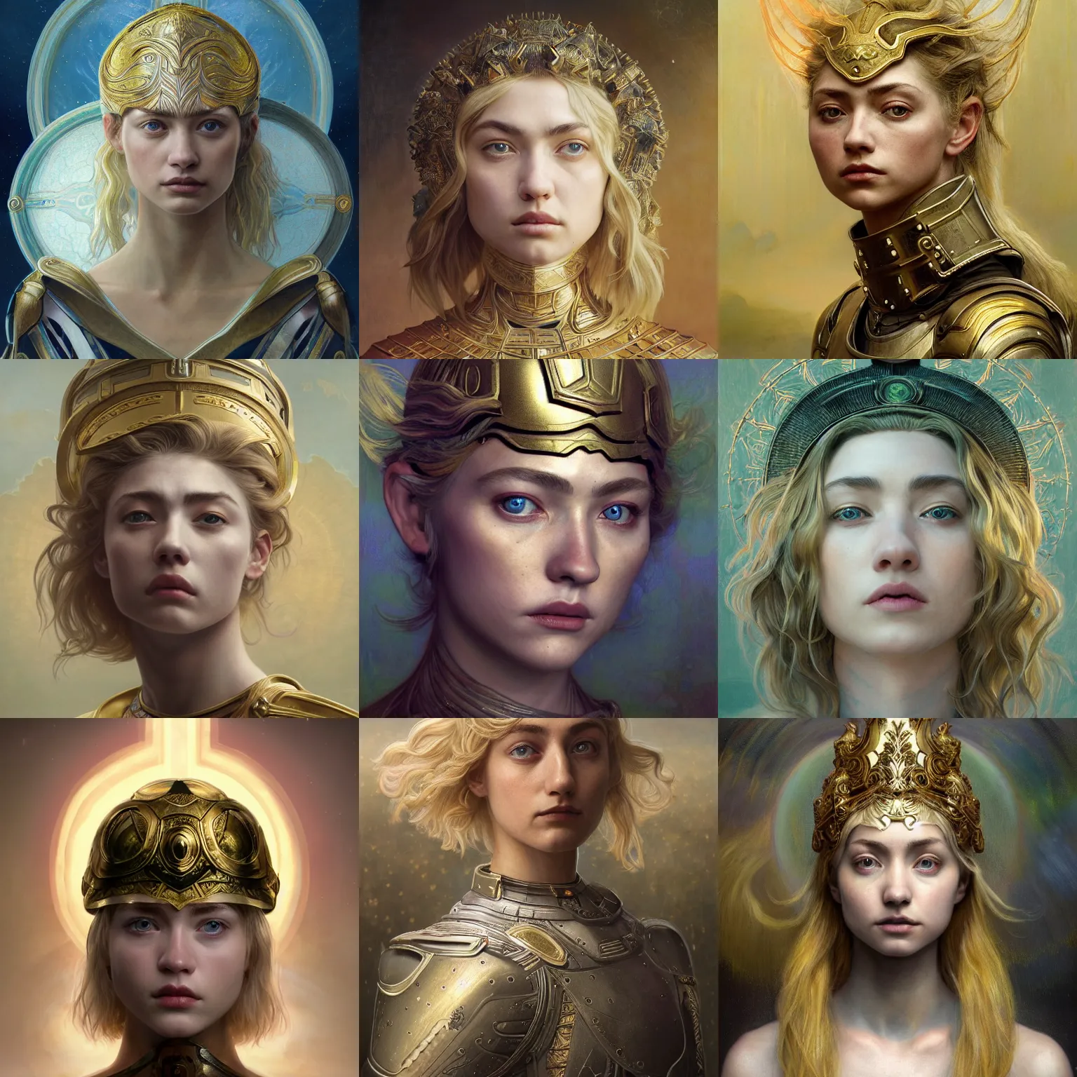 Prompt: masterpiece head-on symmetrical centered painted portrait, Imogen Poots as a warrior paladin, blonde hair, golden halo, saintly, glorious light, sacred geometry, wearing full metal armour, elegant, distant, in the style of Edgar Maxence and Ross Tran and Zdzisław Beksiński and Michael Whelan and Mucha, 8k, octane render